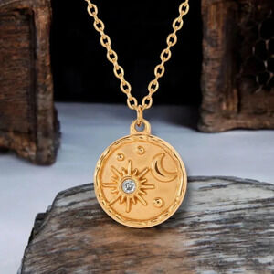 🆕️18K Gold Plated Sun Moon Necklace Celestial Pendant Stainless Steel Medallion